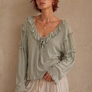 Anthropologie Green mesh ruffle long sleeve top with ruffles